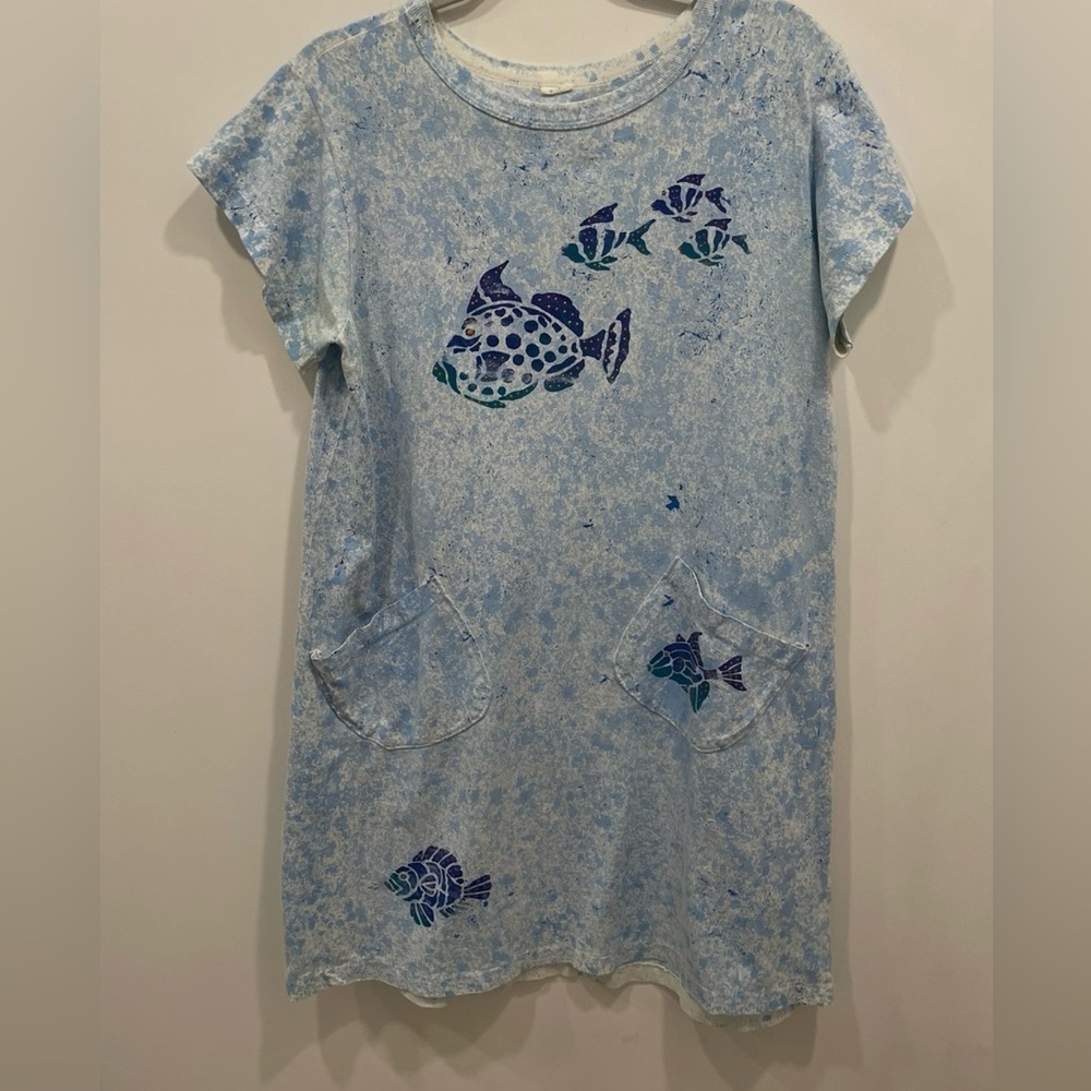 Fish Sundress Size Lg Blue Beach Coverup Short Sleeve Front Pocket Scoop Neck - Picture 1 of 5